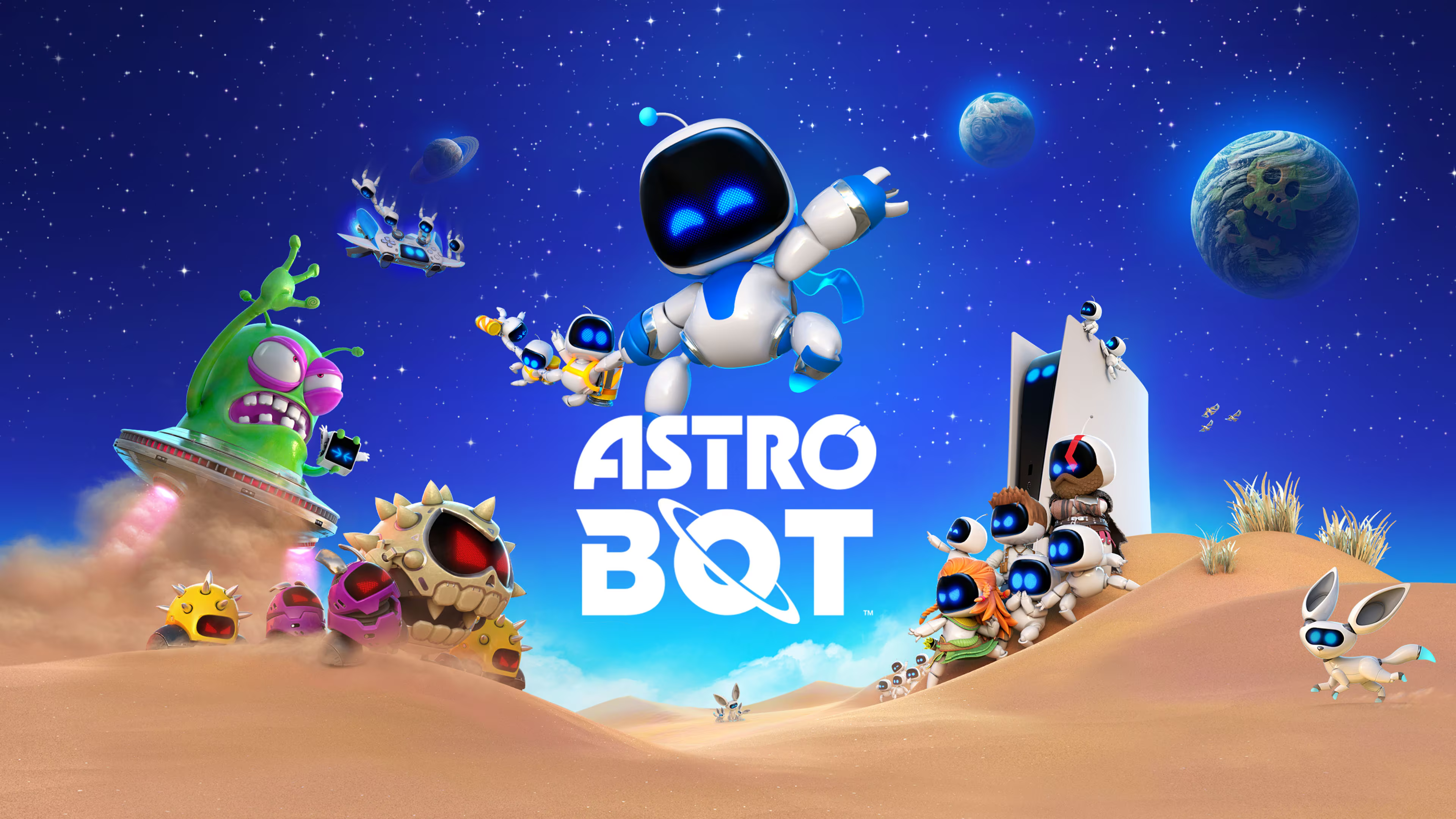 Astro Bot en el centro, con enemigos a la izquierda y aliados a la derecha