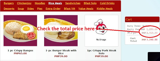 Showing total cost for Jollibee party meal