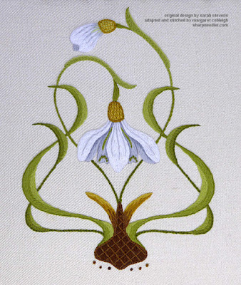 Finished version of Galanthus Collector (snowdrops in crewel) adapted by Margaret Cobleigh from original design by Sarah Stevens