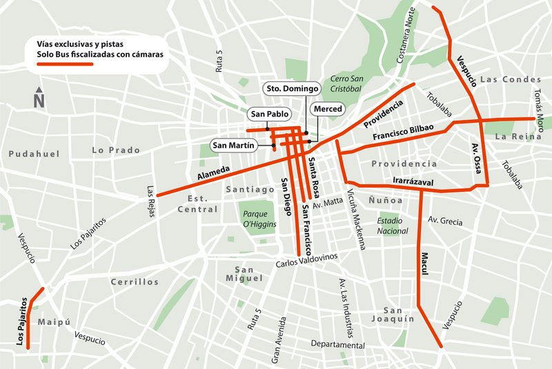 Mapa actualizado de las pistas Solo Buses vigiladas por cámaras