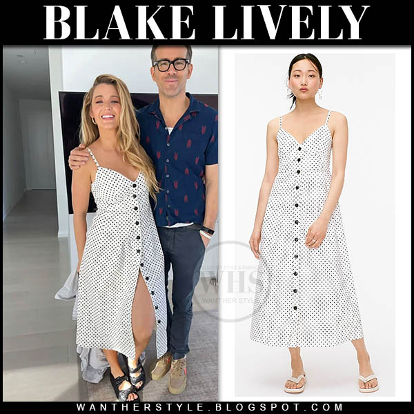 Blake Lively in white polka dot dress and black sandals