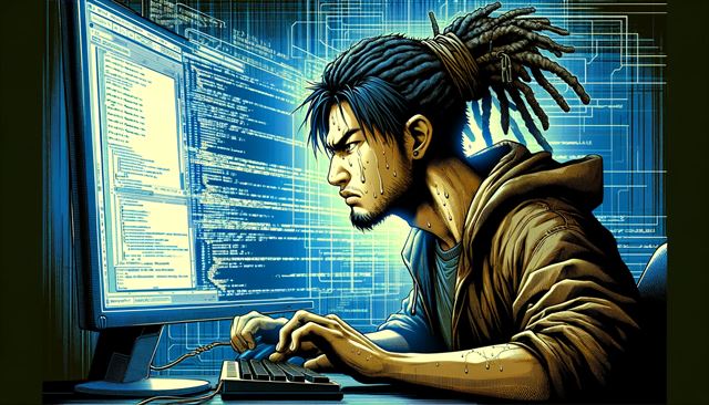 A technical concept art illustration in a wide format, featuring a Japanese man with dreadlocks, dressed in casual clothes, intensely programming on a computer. He appears focused and is sweating from the effort. The background should evoke a digital world ambiance, with complex code visible on the computer screen, symbolizing the fusion of modern technology and Japanese culture.