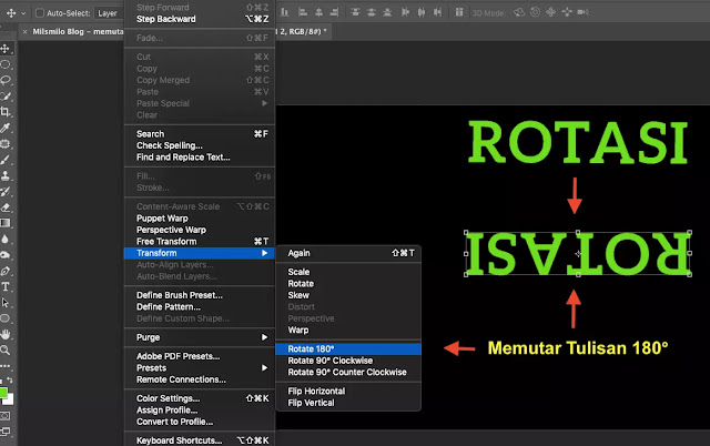 Cara memutar tulisan, merotasi tulisan di photoshop, membalik tulisan dengan flip horisontal dan flip vertikal, tulisan terbalik vertikal, membuat tulisan terbalik di photoshop