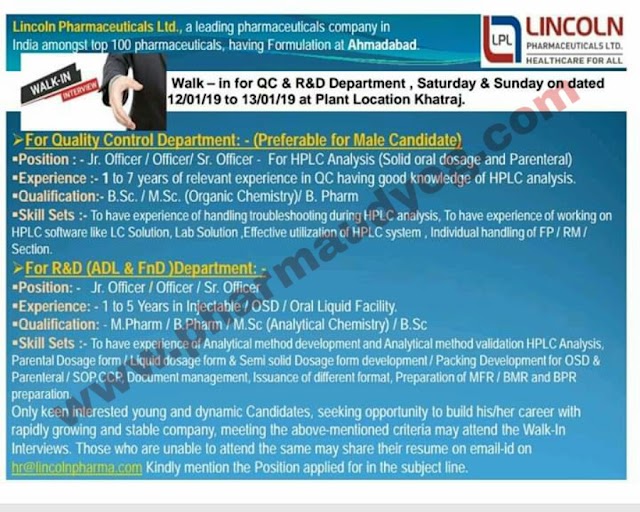 Lincoln Pharmaceuticals | Walk-In for QC/R&D | 12th&13th Jan 2019 | Ahmedabad