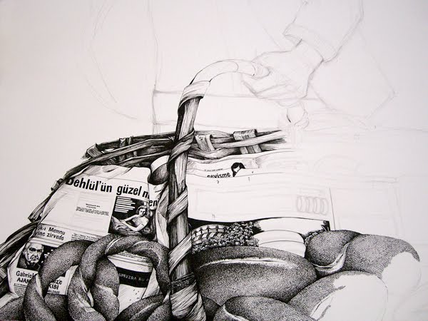 Ink drawing in progress of a Turkish bread seller by Samantha Zaza.