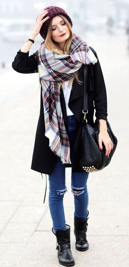 what to wear with a scarf : hat + coat + bag + boots + rips + white top
