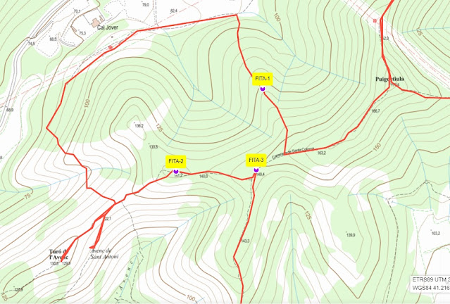 CUNIT - PUIG DE LA MINA - PUIGDETIULA-TURÓ DE L'AVENC - AVENC SANT ANTONI, mapa de les fites de pedra en forma rodona al terme municipal de Cunit