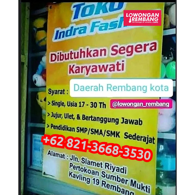 Lowongan Kerja Pegawai Toko Indra Fashion Sumbermukti Sumberjo Rembang