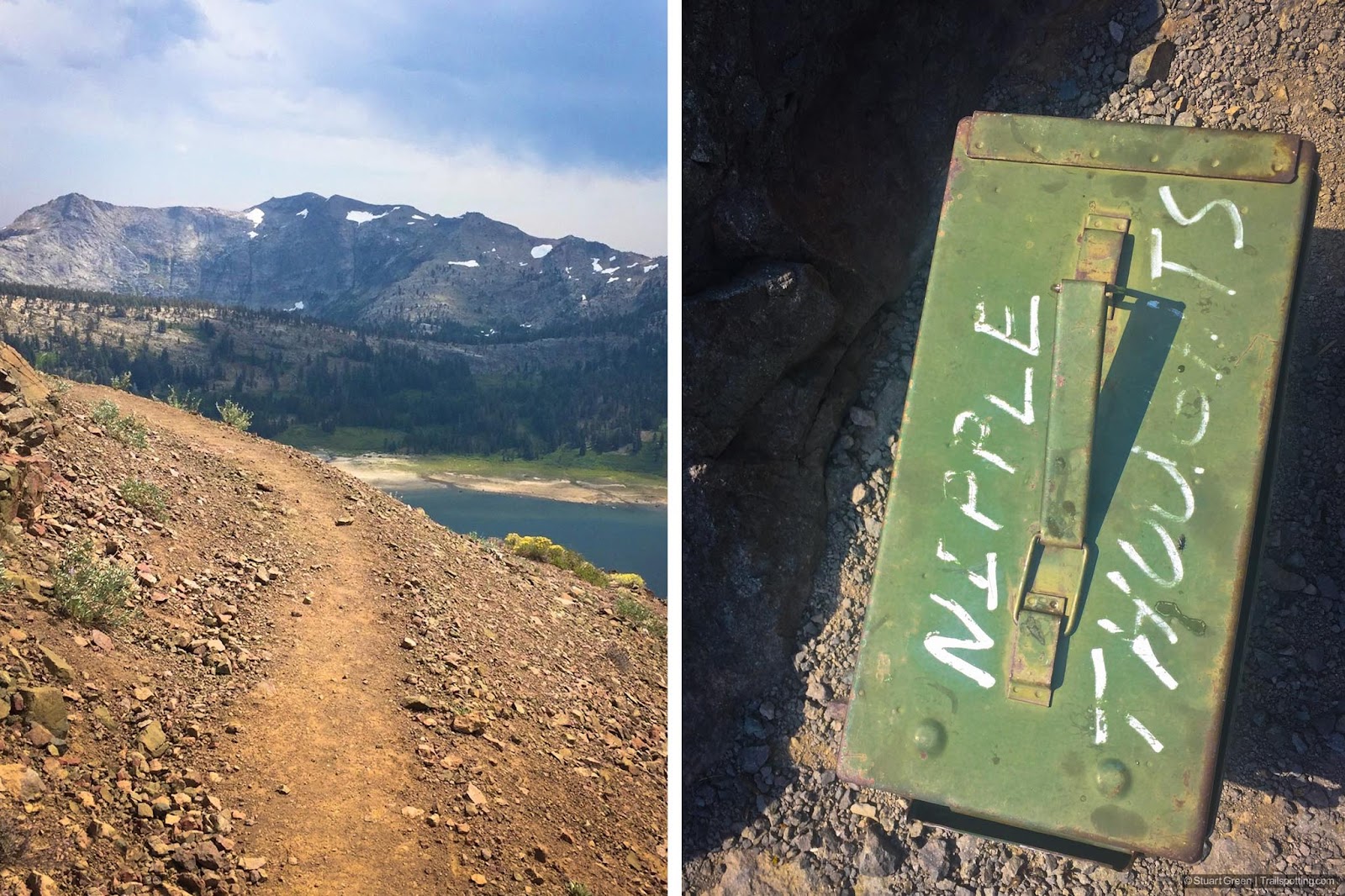 left: an orange hard dirt trail curving around the mountain side. right: a ammo cannister with the words 'nipple thoughts' etched in white