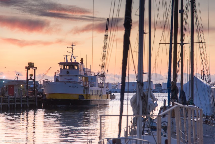 Portland, Maine USA February 2018 photo by Corey Templeton. Quiet morning on the waterfront, featuring the Casco Bay Lines ferry Maquoit II docked at the State Pier.