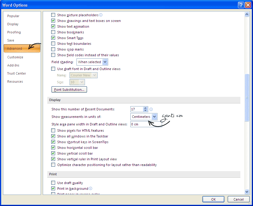 Merubah Pengaturan format Inchi ke Cm di Ms Word 2007