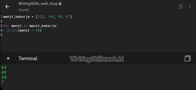 Contoh Perulangan (Loops) Angka dengan Operasi Pengurangan pada List Bahasa Python