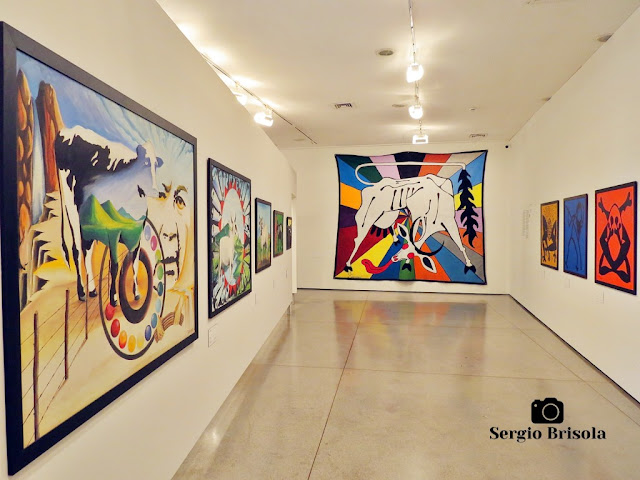 Vista ampla de uma das salas expositivas da Mostra Moquém_Surarî no Museu de Arte Moderna de São Paulo (MAM)