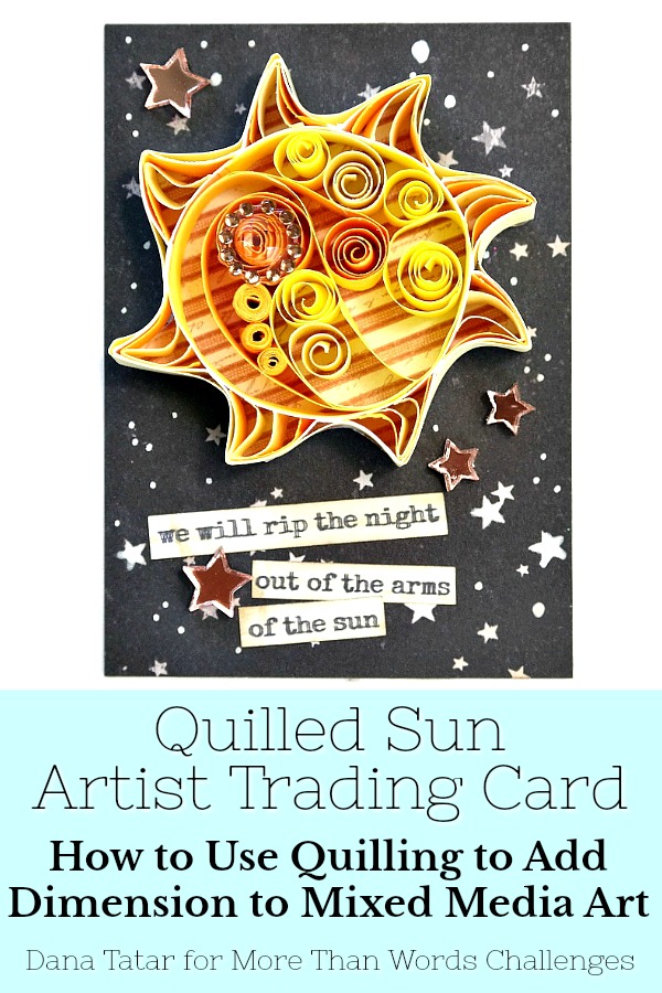 Mixed Media Starry Night Artist Trading Card with Quilled Sun and Chris Cornell Song Lyrics