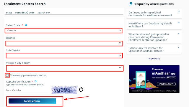 Aadhaar Card Enrolment Centres Search by State