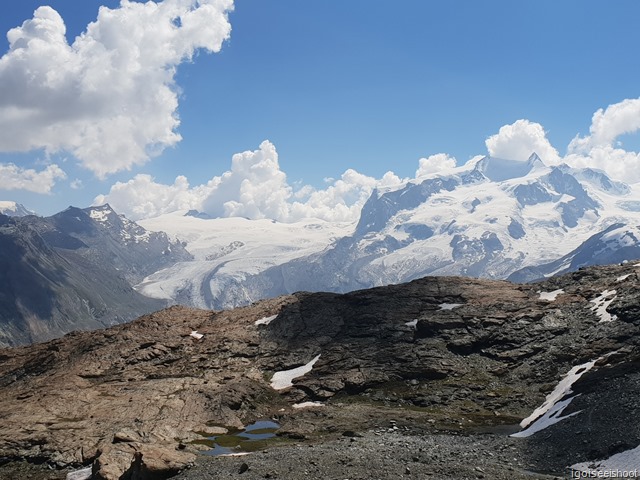  snow cap mountain peaks and gorner glacier viewed from Trockener Steg. 