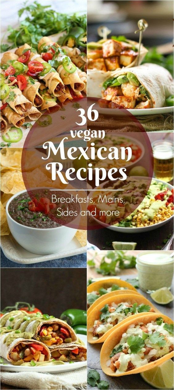 36 Vegan Mexican Recipes! Loaded breakfast tacos, Hearty mains, Spicy sides and more! Recipes include burritos, tacos, enchiladas, dips etc!