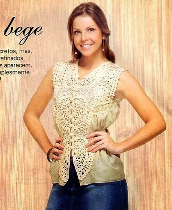 Blusa beige con aplique al crochet - con patrones