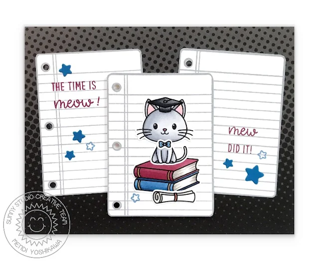 Sunny Studio Blog: The Time is Meow! Mew Did it! Punny Graduation Kitty Card by Mendi Yoshikawa (using Grad Cat, School Time & Woo Hoo Stamp Sets)