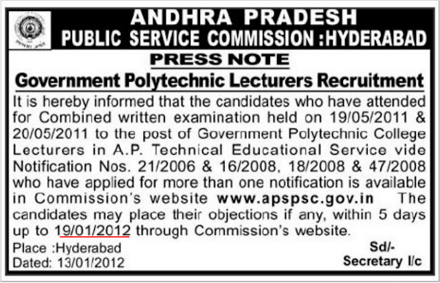 appsc 2012,govt polyteechini,jobs,recruitment