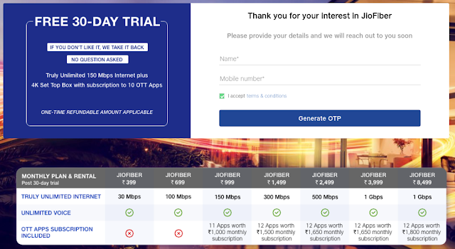 Jio providing 1 month's free trial of Its jio fibers