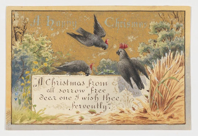 Christmas Card design depicting an Australian bush scene and black cockatoos with the words "A Happy Christmas".