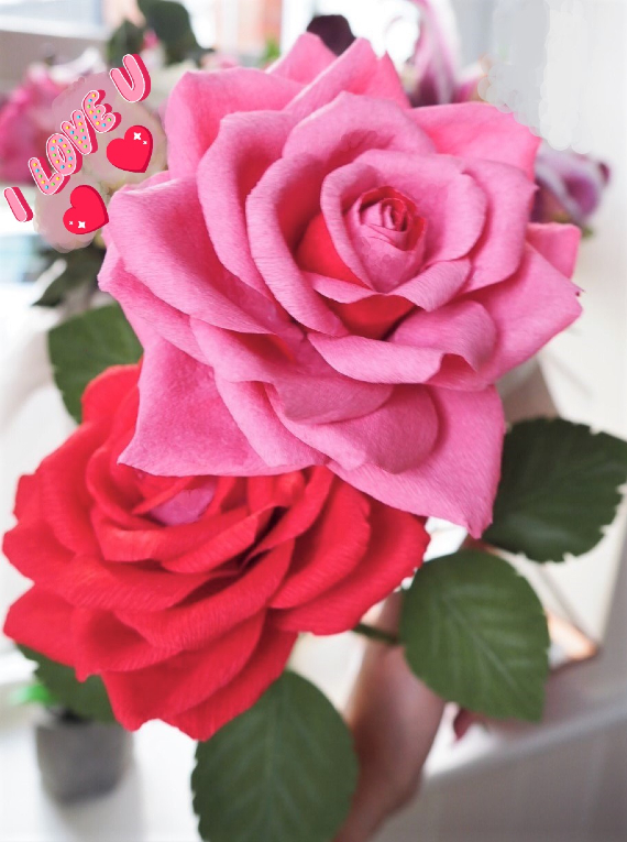 'Sisters'- Crepe Paper pink and Red Garden Roses