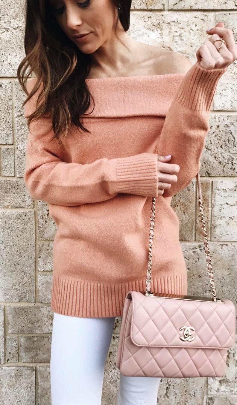 white and blush trends / off shoulder sweater + bag + skinnies