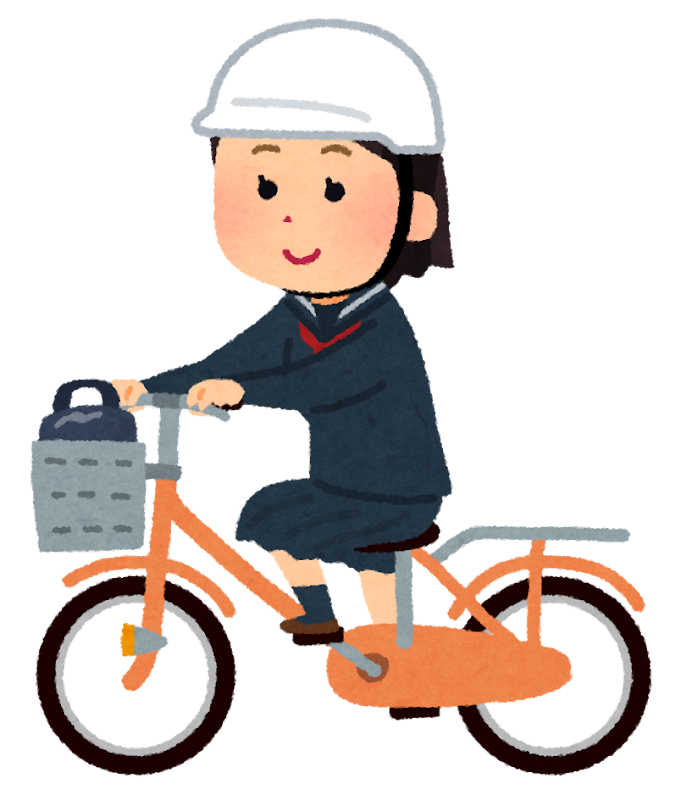 無料イラスト かわいいフリー素材集 ヘルメットをかぶって自転車通学する学生のイラスト 女子