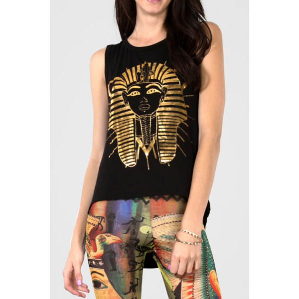 Stylish Jewel Neck Sleeveless Pharaoh Print Women's Tank Top - Black 2xl