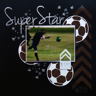 Layout using #Silhouette #Cameo by Tonya Gibbs.  #Sports #Soccer #TonyaGibbs #ArtsyAddicts #Masculine #Monochoromatic #layout #Scrapbook #12x12