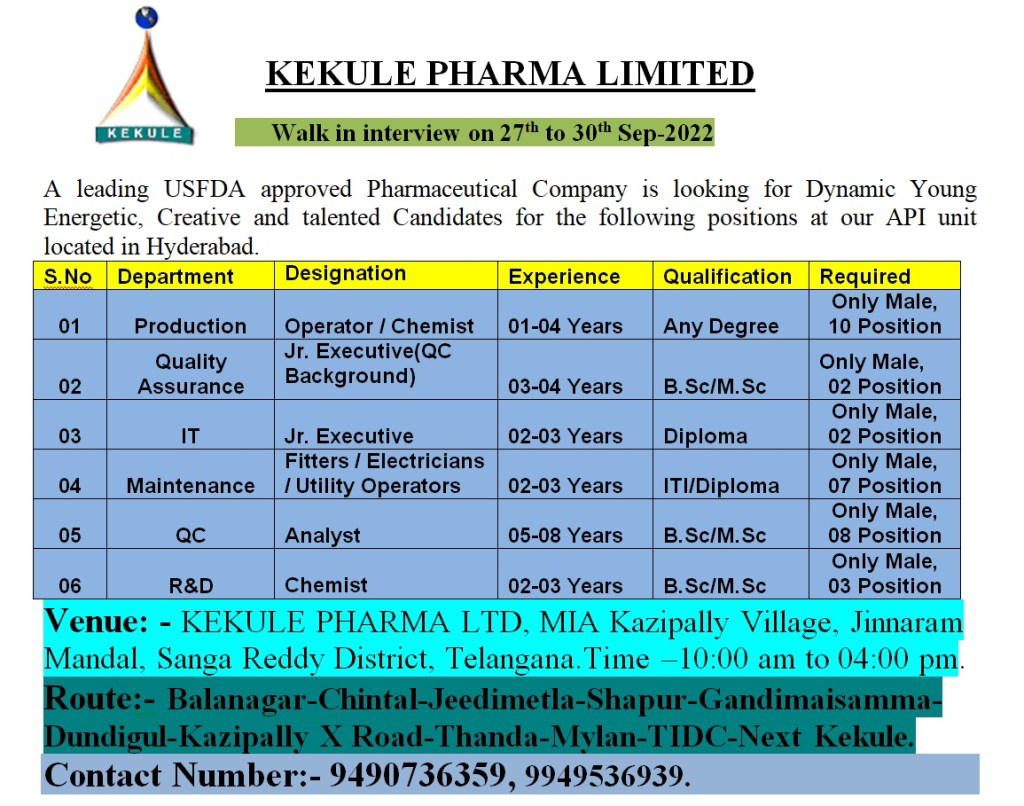 Job Available's for Kekule Pharma Ltd Walk-In Interview for QA/ QC/ Production/ IT/ R&D/ Maintenance