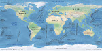 This map shows the world with its continents and oceans. Continents are marked with different colors, and oceans are blue. The map also shows some of the most important geographical features, such as mountain ranges, rivers and trenches.