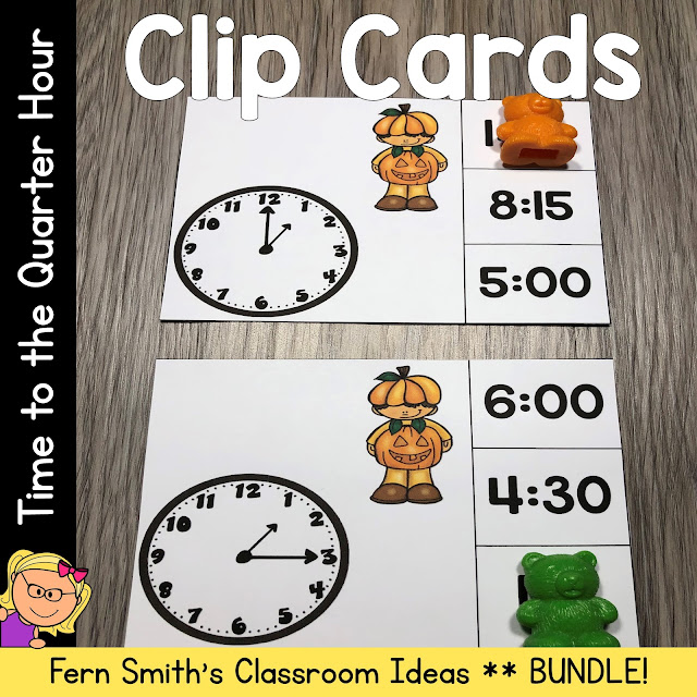 Grab This Time to the Quarter Hour Clip Card Math Centers October Bundle for Your Class Today!