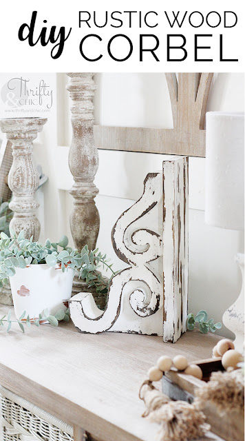 DIY rustic wood corbels. How to make wood corbels. DIY architectural salvage. Wood corbel tutorials. DIY farmhouse decor and projects. Scrap wood project ideas. White and chippy wood corbel. 