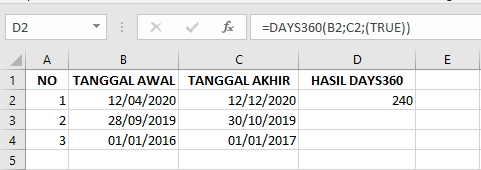 Cara Memasukkan Fungsi DAYS360 di Microsoft Excel