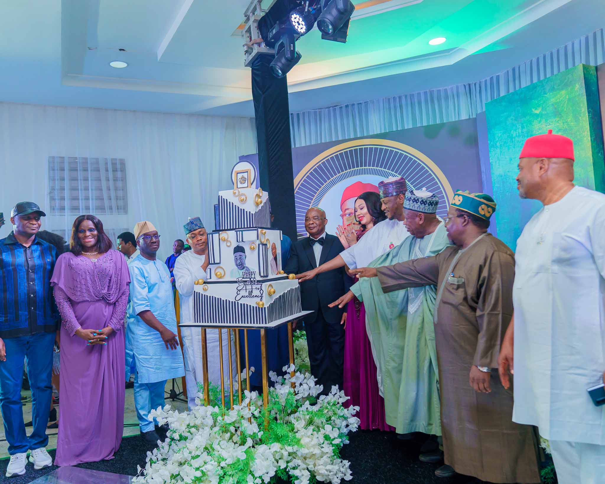 Governor of Imo State and wife, Hope and Chioma Uzodimma, alongside friends and well-wishers celebrate with the Governor on his 66th birthday