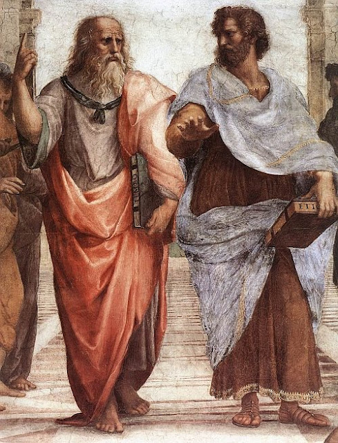Detail of The School of Athens by Raffaello Sanzio (1509), showing Plato (left) and Aristotle (right)