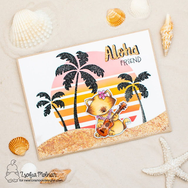 Aloha Kitty by Zsofia Molnar | Aloha Newton Stamp Set, Retro Sun & Palms Stencil Set and Land Borders Die Set by Newton's Nook Designs #newtonsnook