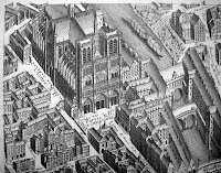 An illustrated aerial view of Paris, with Notre Dame as the central feature.