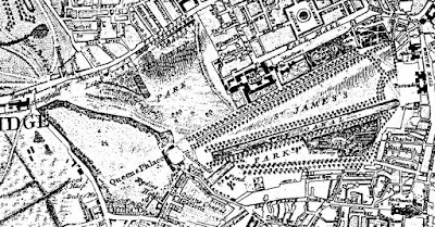 Rocque's Map of London of 1741-5 showing St James's Park  in London in the Eighteenth Century by Sir Walter Besant (1902)