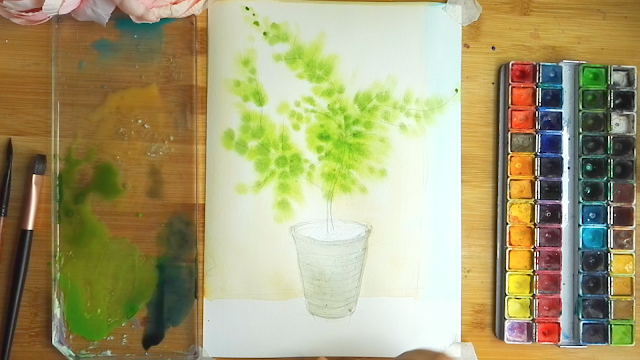 How to draw a watercolor little pomegranate tree step by step tutorial for beginner