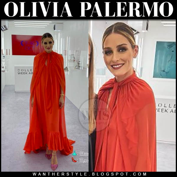 Olivia Palermo in long red cape and maxi dress in Abu Dhabi