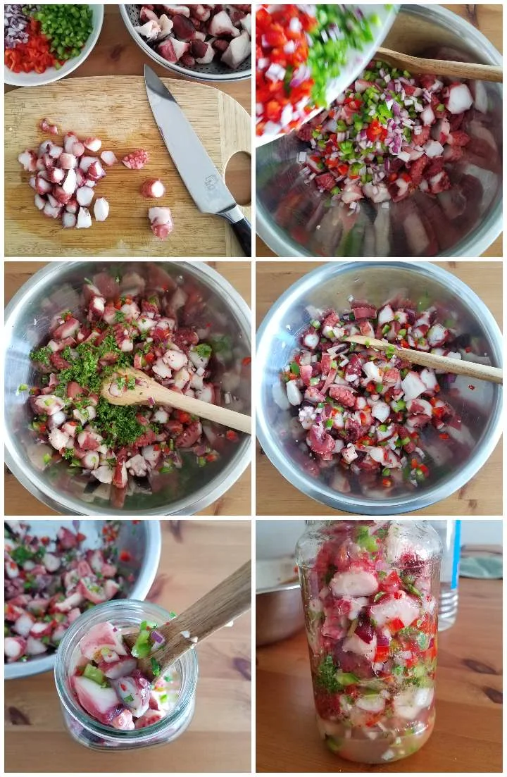 Preparación de la receta salpicón o ensalada de pulpo