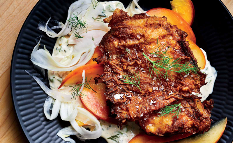 Buttermilk Fried Chicken with Pickled Peach-Fennel Salad