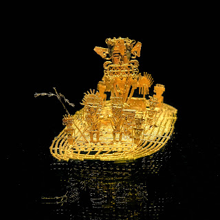 The zipa used to cover his body in gold dust, and from his raft, he offered treasures to the Guatavita goddess in the middle of the sacred lake. This old Muisca tradition became the origin of the legend of El Dorado. This Muisca raft figure is on display in the Gold Museum, Bogotá, Colombia.