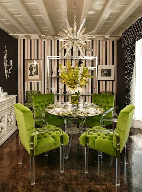 BOLD modern dining room lime green and acrylic chairs sputnik