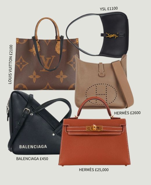 Image of different selection of handbags, from Hermes to YSl, to Lv.