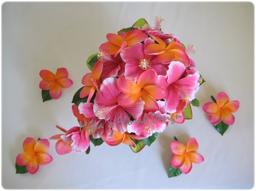 Frangipani and Hibiscus Teardrop Bouquet and Buttonholes