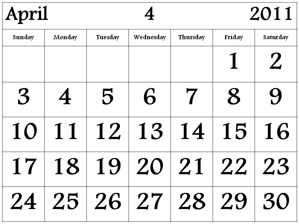 printable monthly calendar april 2011. printable monthly calendar